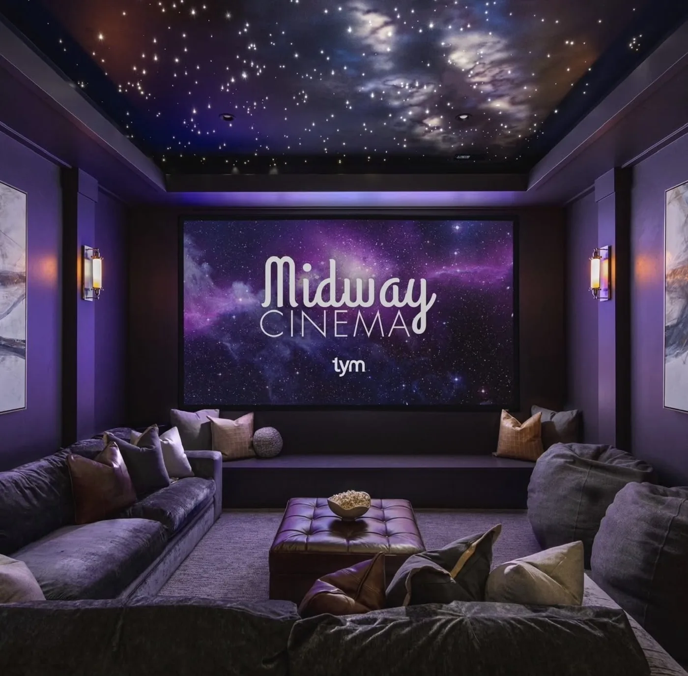 Dedicated home theater — Midway Cinema — with star ceiling and sectional seating