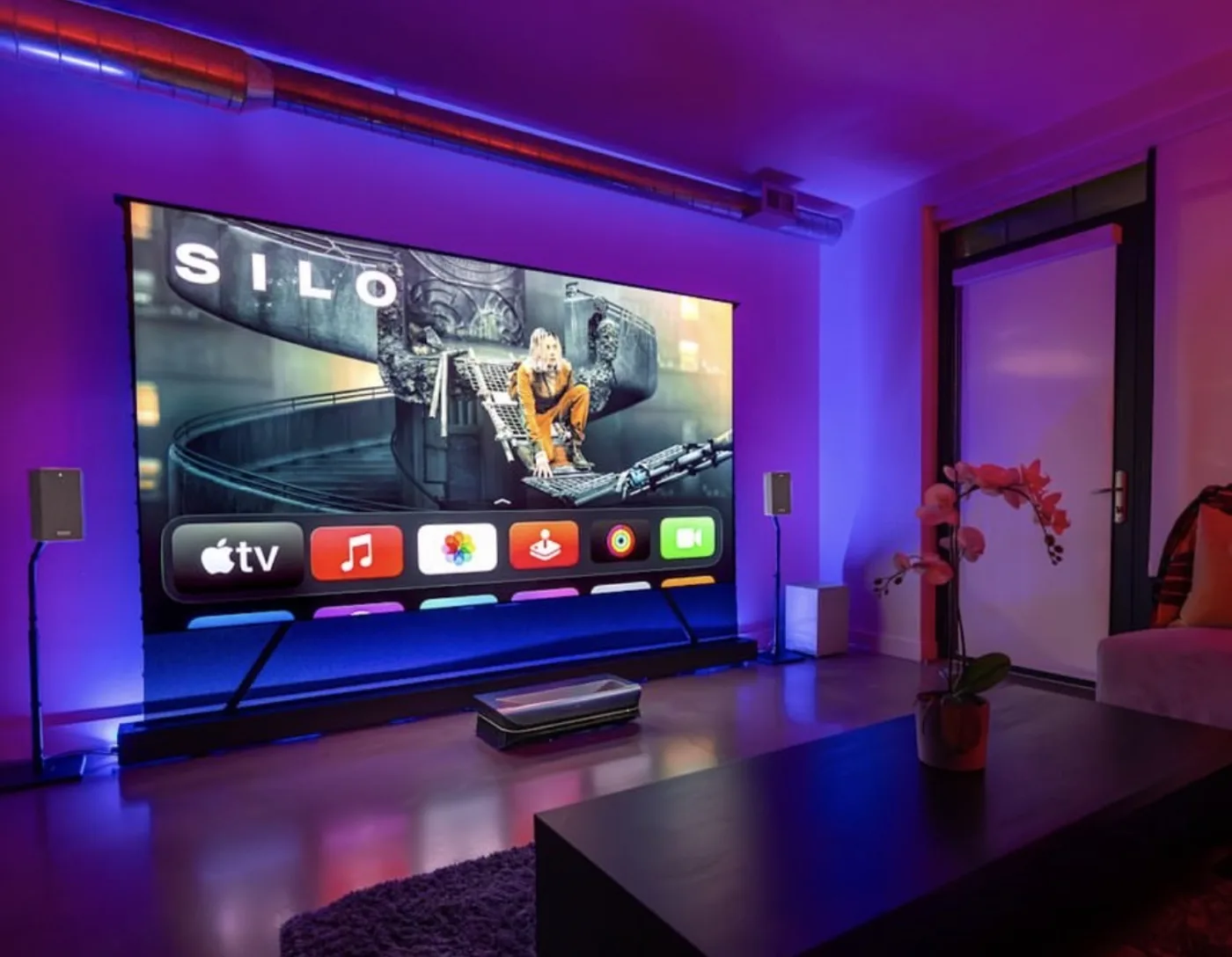 Loft-style home theater — Silo — with LED accent lighting and modern industrial design